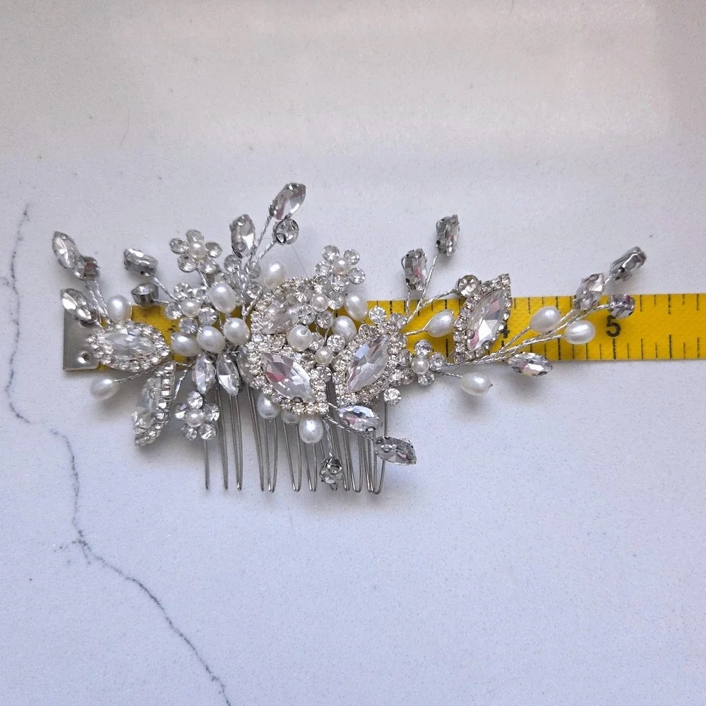 Silver Tone Faux Pearl and Crystal Bridal Hair Comb Floral Wedding Headpiece